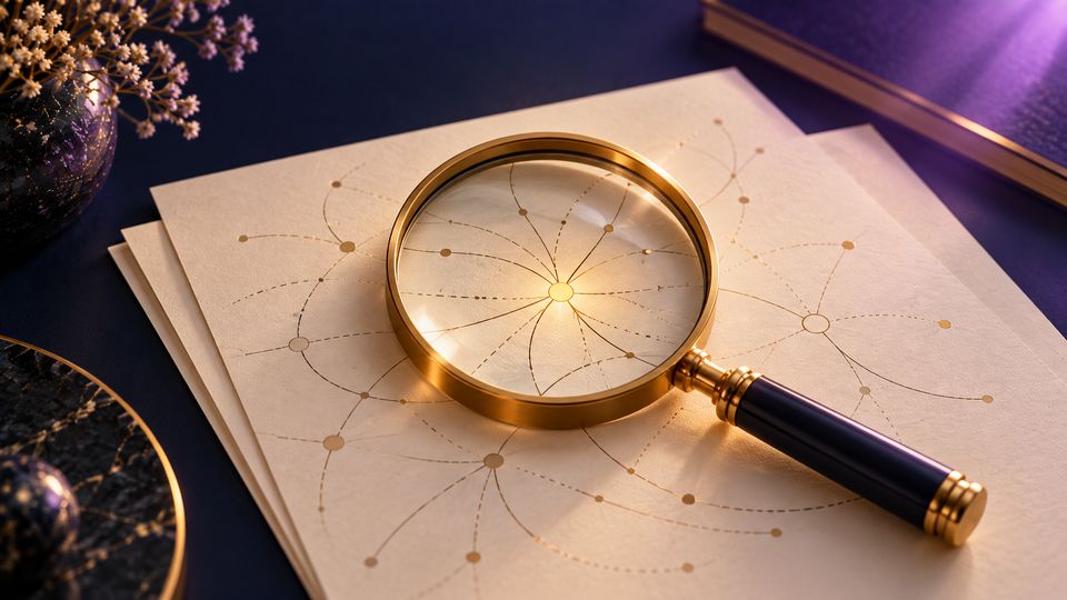 A magnifying glass resting on detailed charts, suggesting focused research.