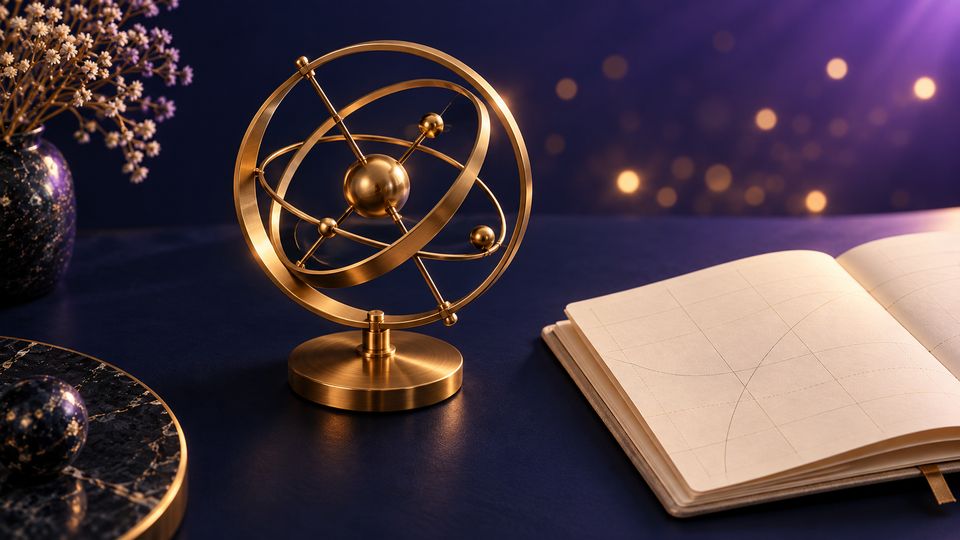 A gold armillary sphere beside an open notebook, suggesting ongoing monitoring.