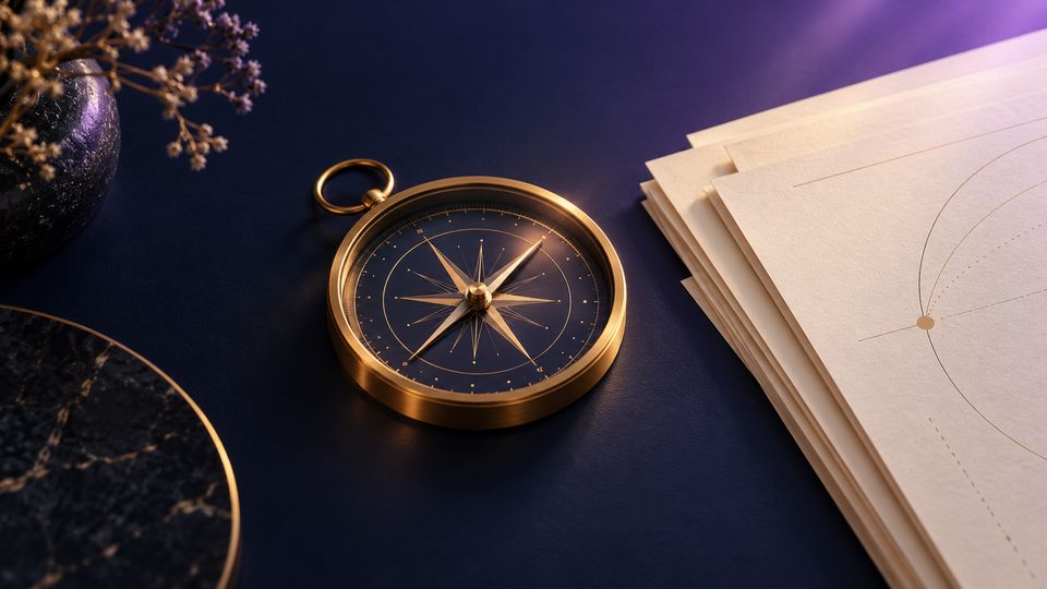 A brass compass beside a stack of research papers on a midnight-blue desk.